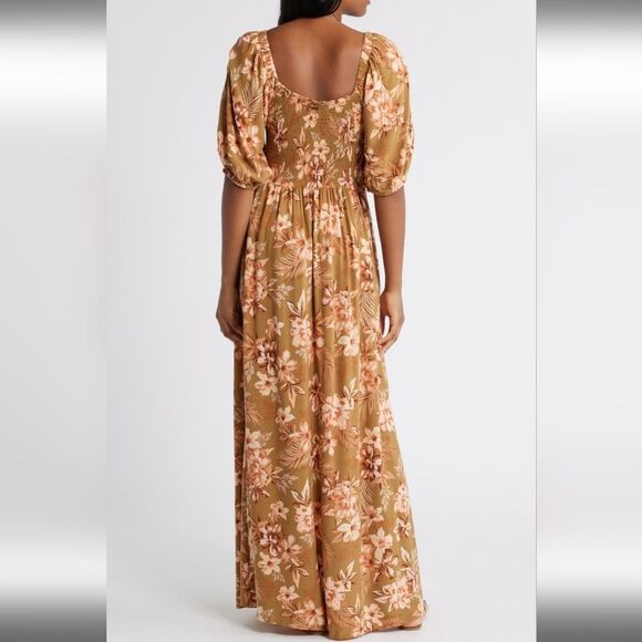 Rip Curl Floral Print Desert Dreams Smocked Poplin Maxi Dress Moss Bronze Size L - Picture 16 of 16